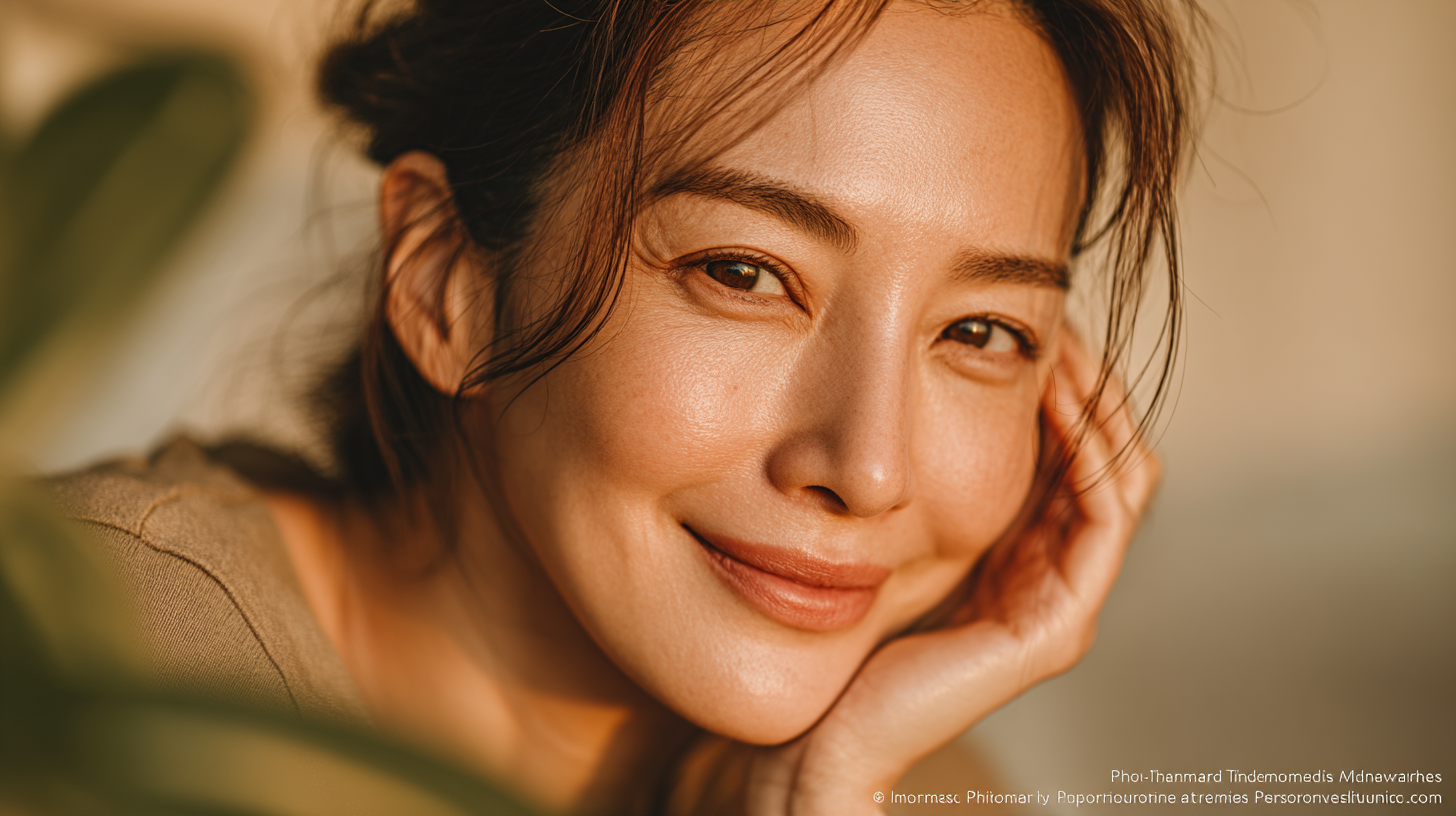 一位 30 多岁的韩国女性在接受 Apgujeong HiloWave 治疗后，展现出自然健康的光彩。