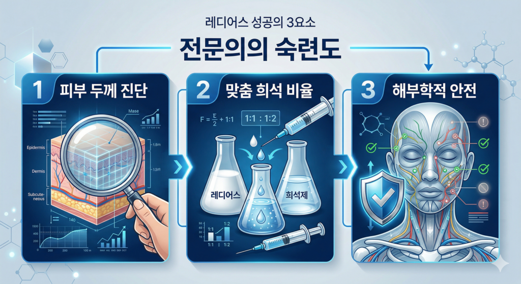 압구정 레디어스 전문의의 피부 진단, 희석 기술, 해부학적 지식 등 3대 핵심 시술 역량