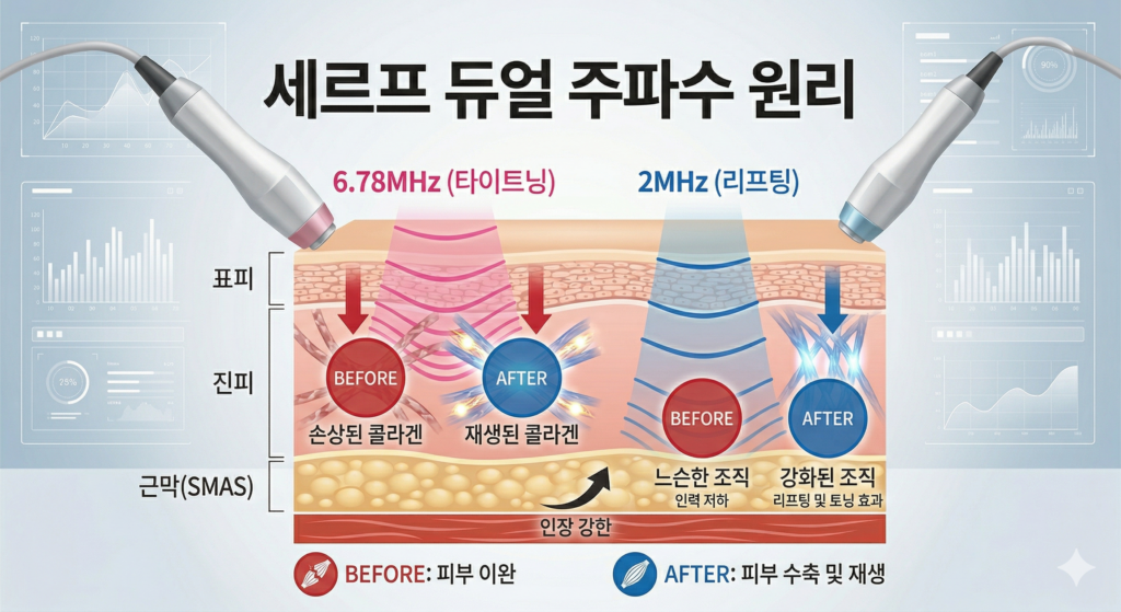 6.78MHz 真皮层收紧和 2MHz 筋膜层提升的针刺提拉双频作用原理示意图