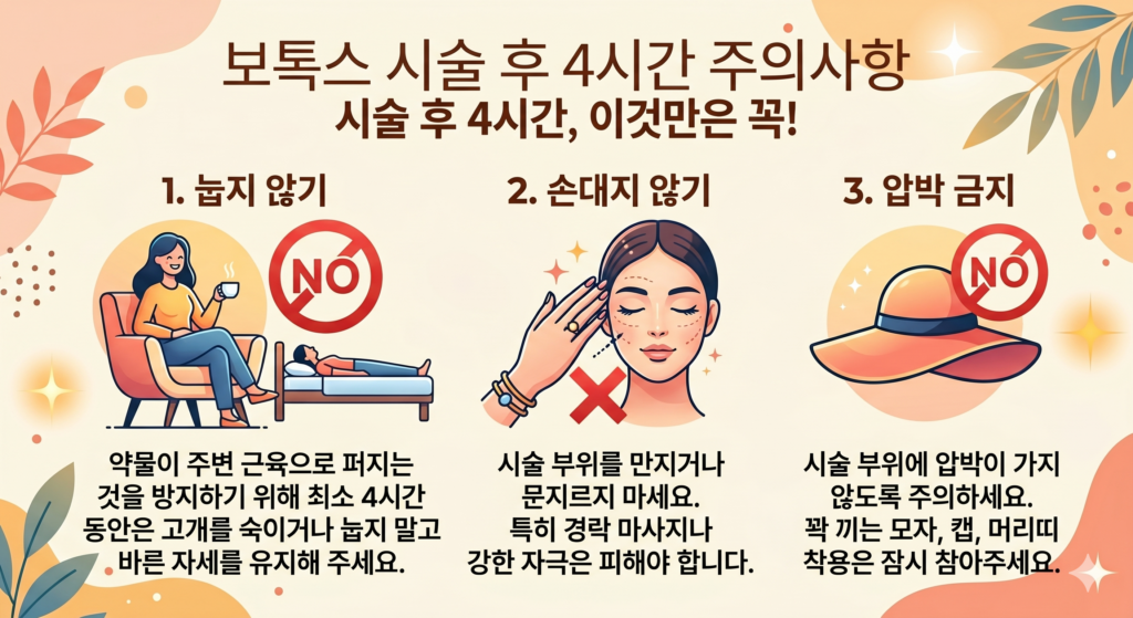 압구정 보톡스 시술 후 주의사항 안내 인포그래픽 - 4시간 동안 눕지 않기, 만지지 않기, 압박 금지 수칙
