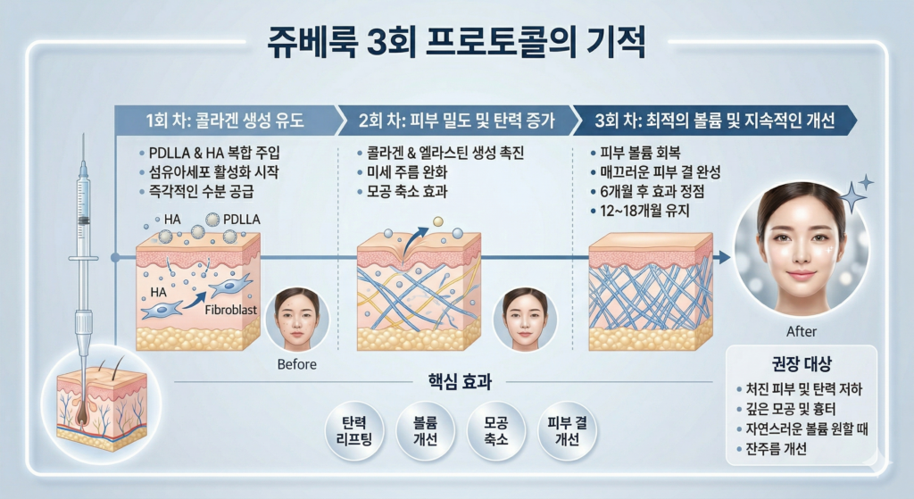 압구정 쥬베룩 3회 시술 프로토콜에 따른 피부 속 콜라겐 밀도 변화와 단계별 효과(씨앗 뿌리기, 밀도 강화, 완성)를 설명하는 인포그래픽