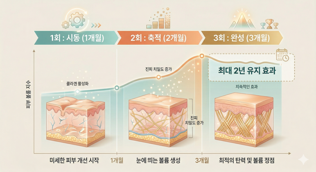 狎鴎亭(アックジョン)ジュベックボリューム3回の施術時期別効果と維持期間のグラフ