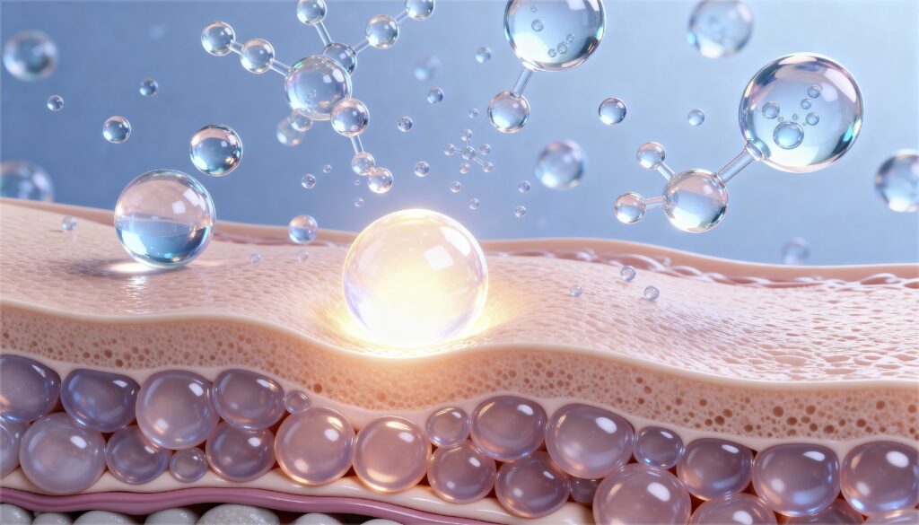 압구정 줄기세포 성분이 피부 깊숙이 흡수되어 세포 재생을 돕는 과정을 나타낸 3D 일러스트레이션
