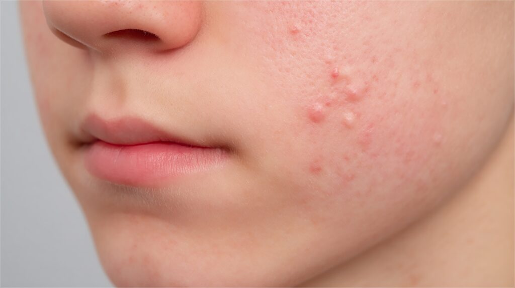 강남 쥬브젠 시술이 필요한 여드름 흉터 및 붉은 피부 트러블 상태의 근접 촬영 사진