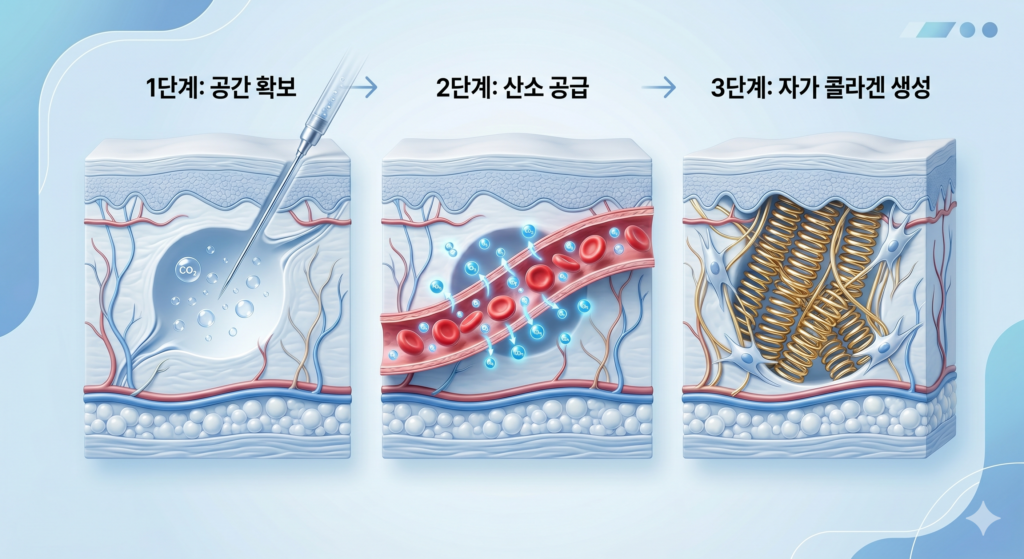 강남 쥬브젠 자가진피재생술의 원리: CO2와 히알루론산을 활용한 3단계 자가 콜라겐 생성 과정 인포그래픽