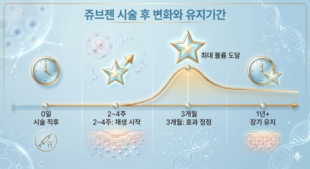 강남 쥬브젠 시술 후 변화 타임라인: 콜라겐 생성 주기 및 효과가 가장 뚜렷해지는 3개월 시점 안내