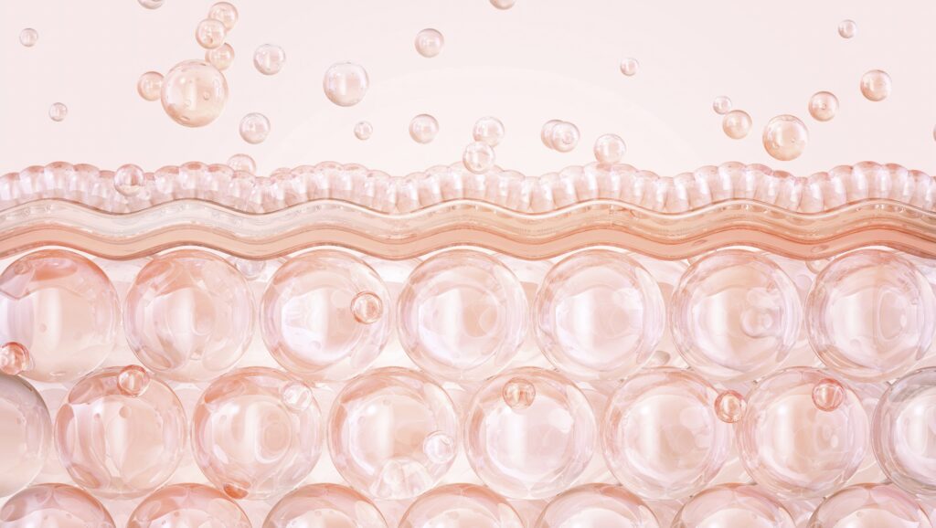 강남 쥬브젠 시술을 통해 피부 진피층에 자가 콜라겐이 생성되는 원리를 보여주는 3D 일러스트