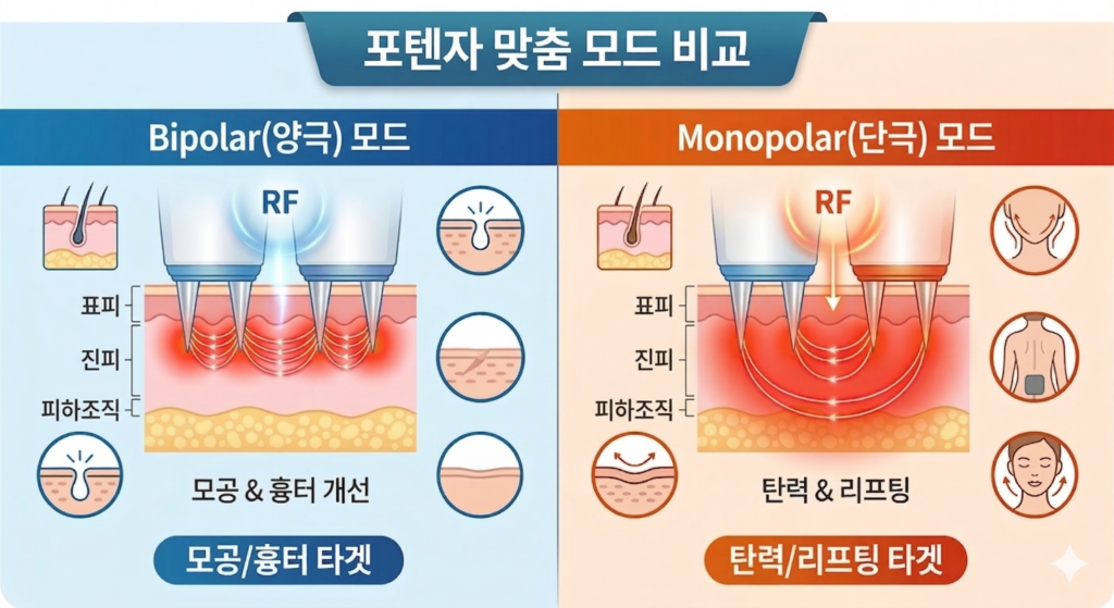 江南宝坦沙毛孔疤痕双极模式与紧致单极模式对比信息图表