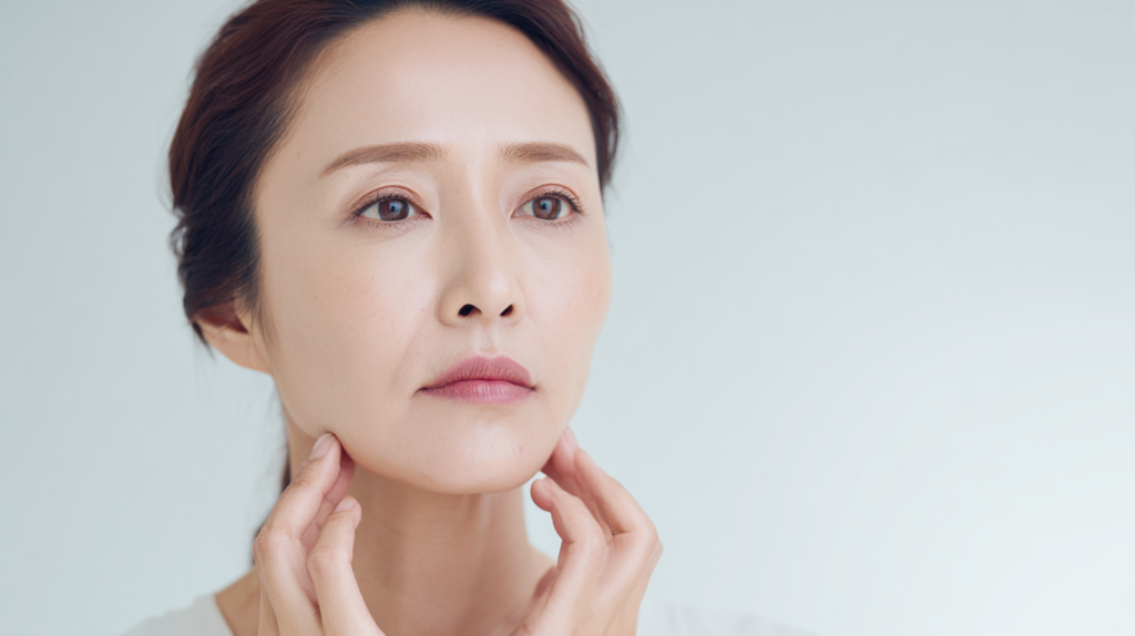 一位 30 多岁的女性，当她用指尖轻轻抬起下颚和脸颊时，发现皮肤早早失去了弹性，面部线条也变得松弛。