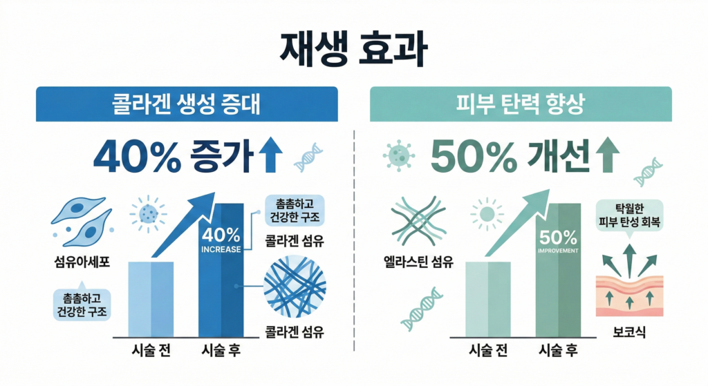 리쥬란 시술 후 콜라겐 40% 증가 및 피부 재생 효과를 보여주는 임상 데이터 그래프