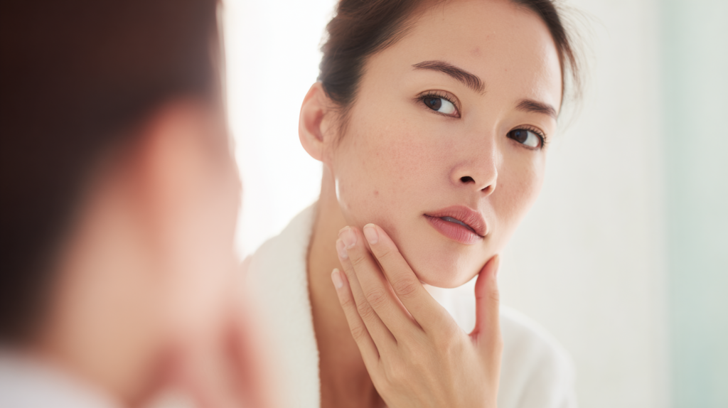 仔细观察镜子中的自己，发现自己身上有痤疮疤痕、凹凸不平的肤质以及紫外线光老化引起的色素沉着。