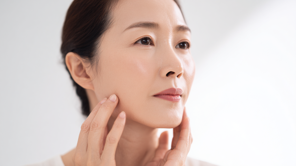 照镜子时发现眼睛和嘴角有细纹、粉底结块的女性（丽珠兰注射效果）