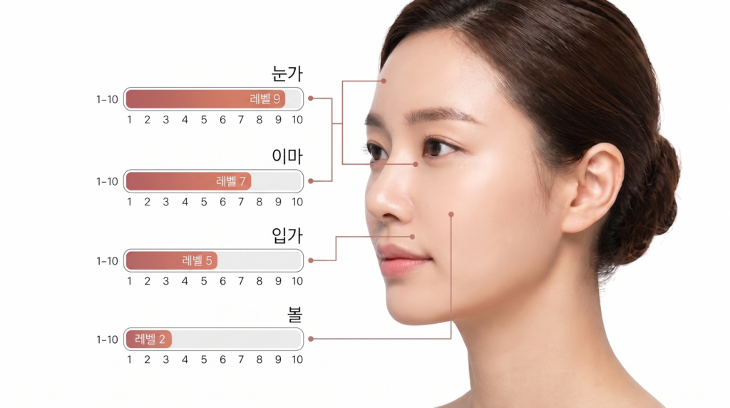 눈밑, 이마, 볼 등 얼굴 부위별 리쥬란 통증 체감 강도를 나타낸 부위별 인포그래픽
