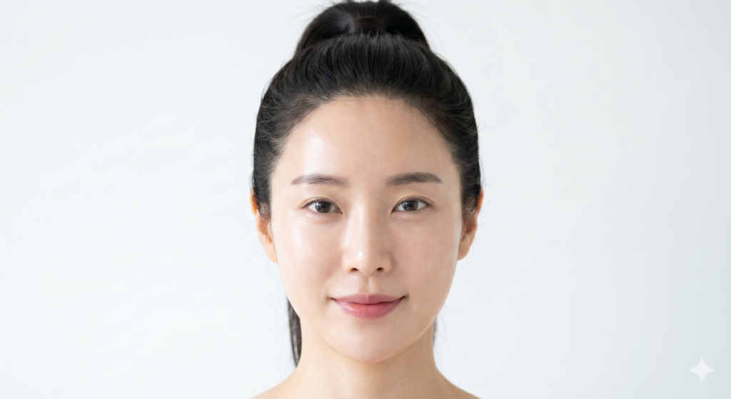 리쥬란 통증 과정을 거친 후 환하고 맑아진 피부를 자랑하는 30대 한국 여성의 정면 얼굴 확대 모습
