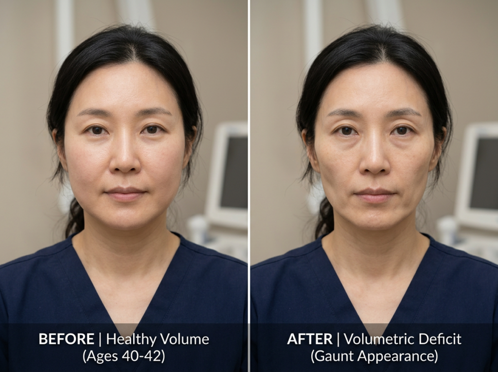 因脂肪萎缩导致面部容积减少的 Ulthera 副作用前后对比 - 一个颧骨下容积减少的病例