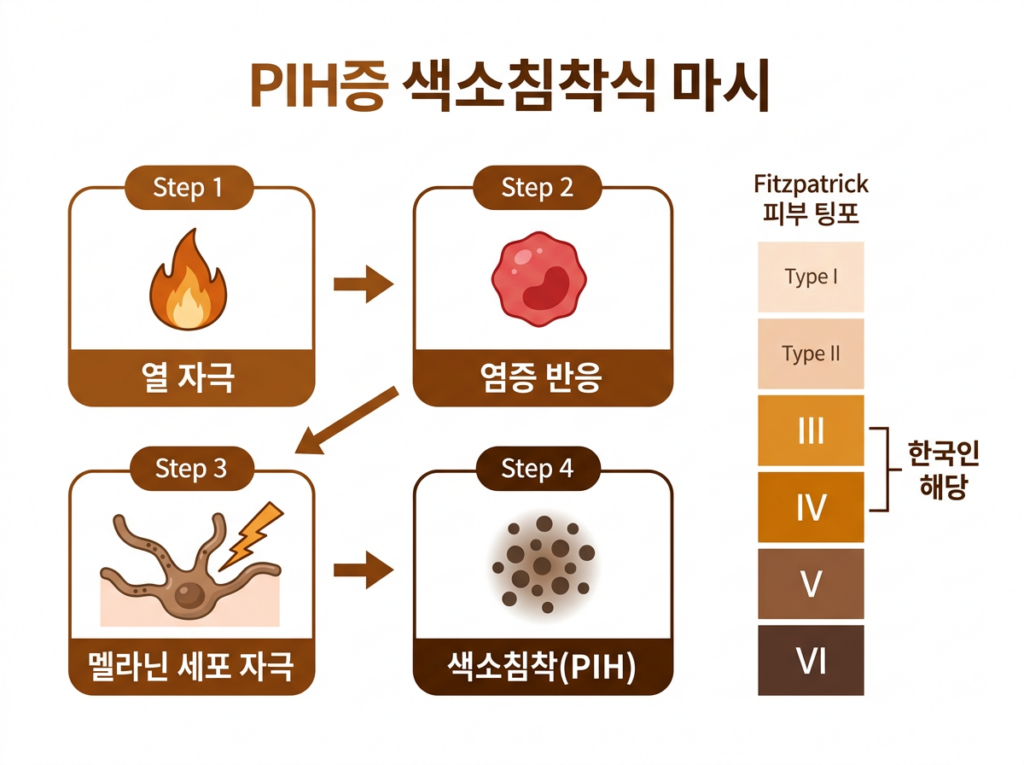 Ulthera 不良色素沉着 (PIH) 是如何发生的--从热刺激到黑色素过度生成的分步信息图