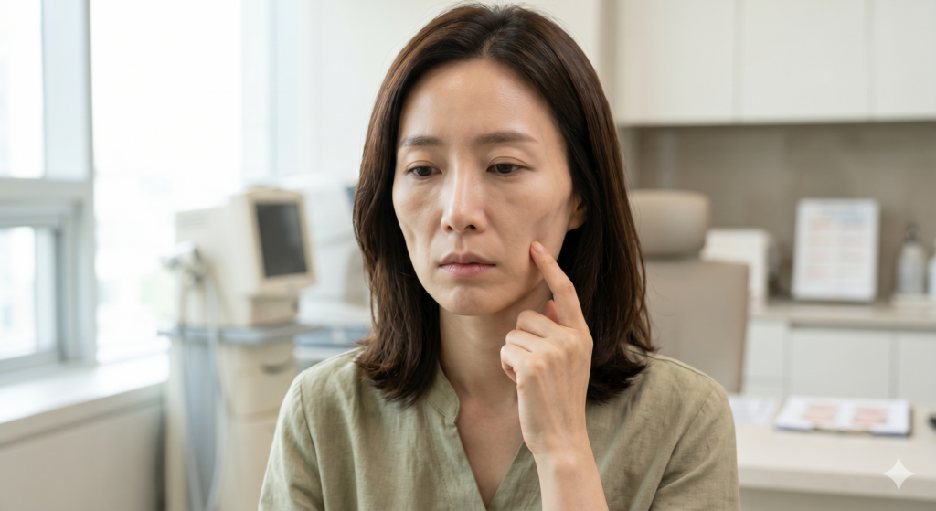 얼굴 살이 적은 경우 무리한 시술로 옆볼 패임이 발생한 사례, 내 얼굴에 맞는 올타이트 400샷 가격과 적정 샷수 상담의 중요성
