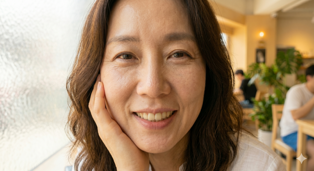 턱선과 이중턱 처짐이 눈에 띄어 고민인 40대 여성이 올타이트 400샷 가격과 리프팅 효과를 고려 중인 모습의 클로즈업 사진
