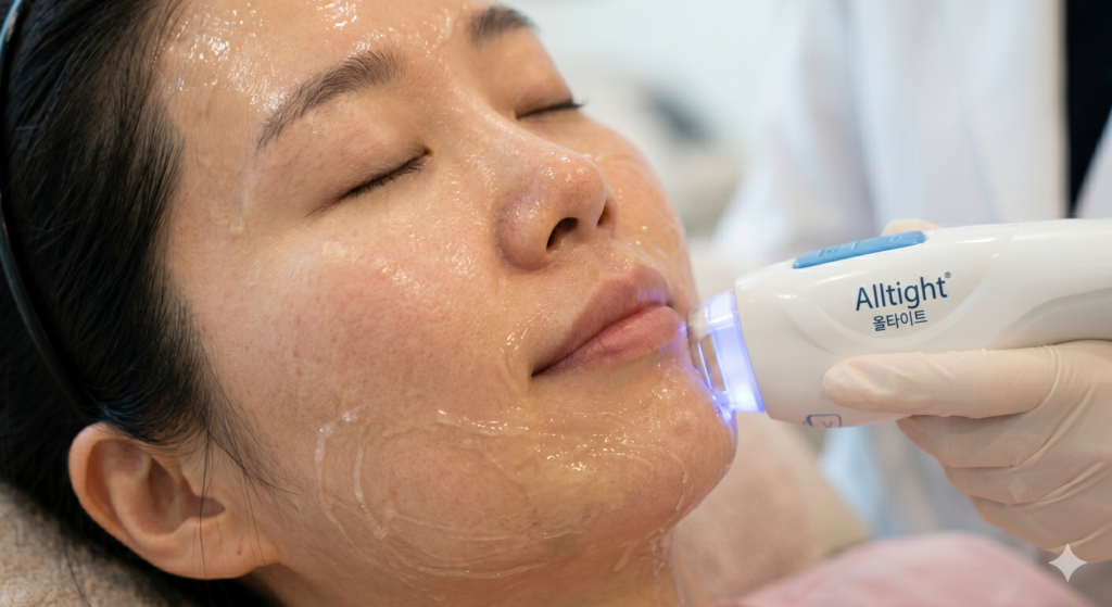 꼼꼼한 올타이트 400샷 가격 대비 효과를 극대화하기 위해 턱선 리프팅 시술을 진행 중인 30대 여성의 클로즈업 이미지
