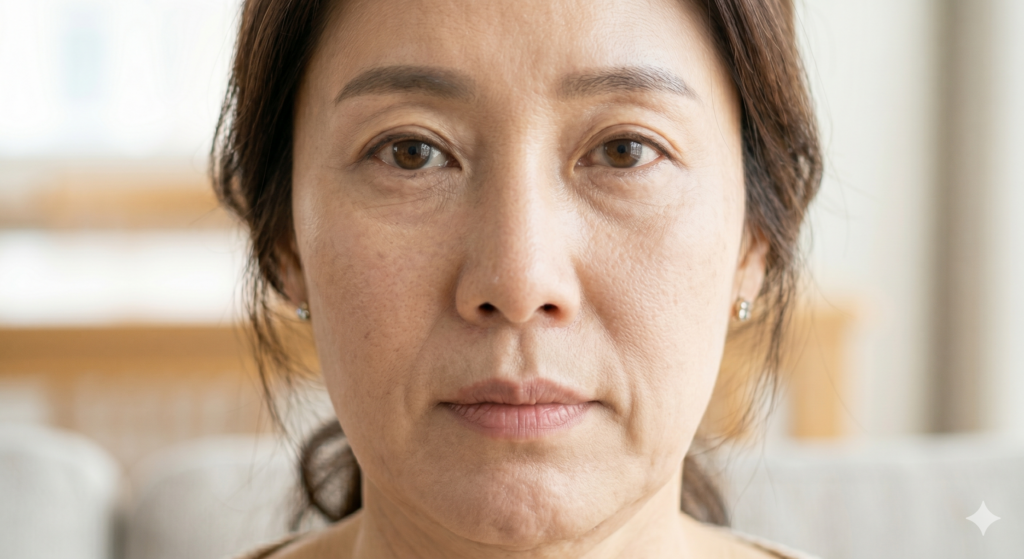 올타이트 효과가 필요한 30대 후반 한국 여성의 턱선과 피부 처짐이 고민되는 얼굴 클로즈업 모습
