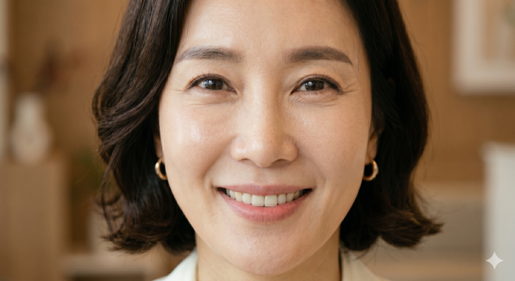 올타이트 효과로 탄력 있고 매끄러워진 피부를 가진 40대 한국 여성의 얼굴 클로즈업 이미지
