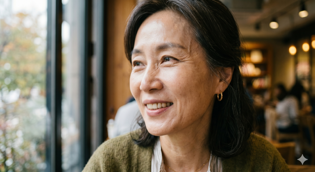 피부 탄력 저하가 고민인 40대 여성의 자연스러운 눈가 주름과 피부 처짐이 보이며, 탄력 개선을 위한 올타이트 주기를 고민하는 듯한 모습
