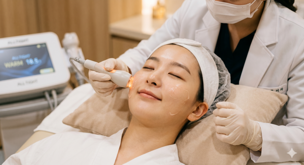올타이트 통증 걱정 없이 따뜻한 열감으로 편안하게 시술받는 20대 한국 여성의 모습. 통증에 예민한 분들도 안심하고 받을 수 있는 피부과 리프팅 시술 장면  