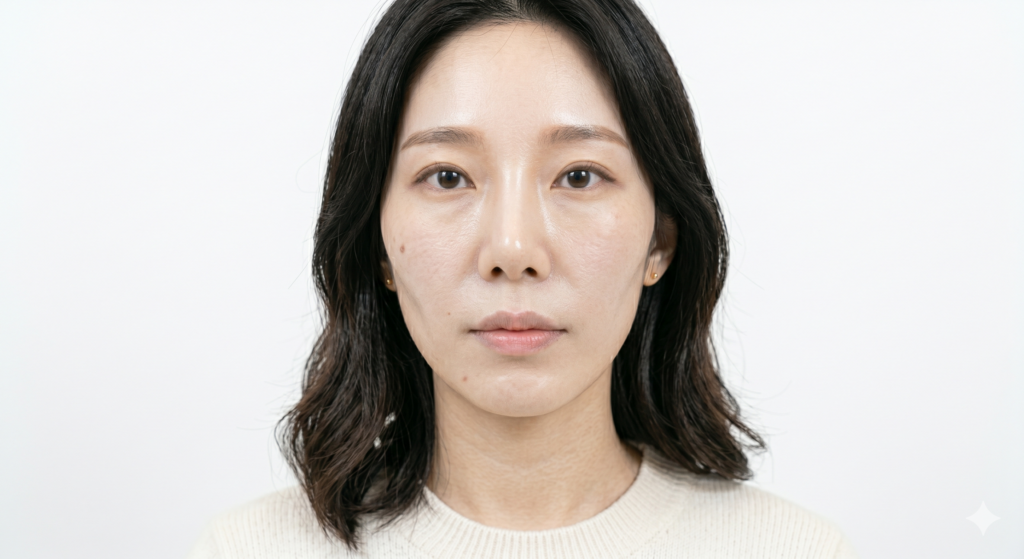강남 올타이트 리프팅 시술 전 여성의 정면 임상 사진. 광대 아래 볼꺼짐과 입가 피부 탄력 저하, 무너진 페이스라인 등 전체적인 턱선 정돈과 볼륨 교정이 필요한 노화 고민 상태를 보여주는 컷
