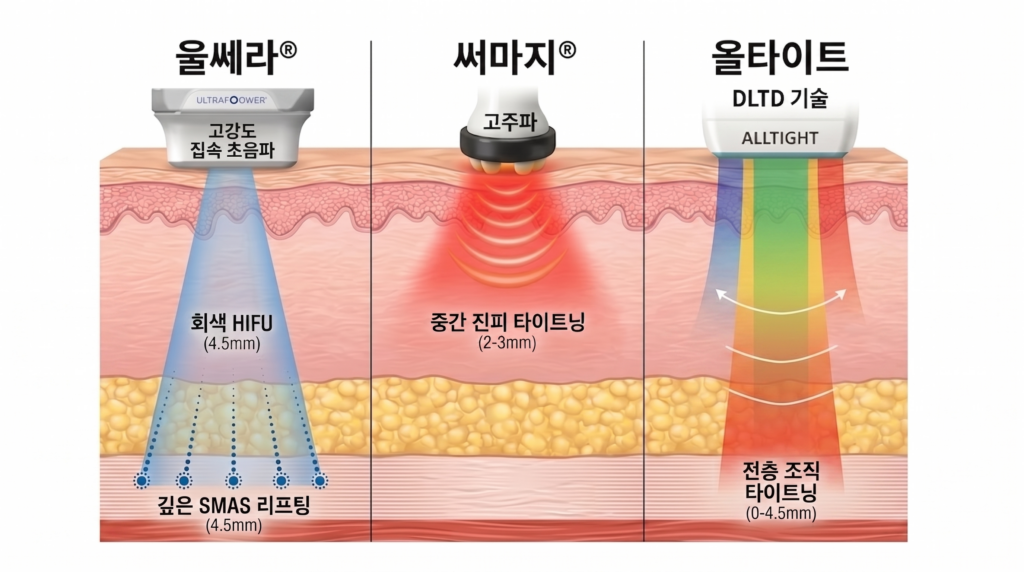 강남 올타이트와 울쎄라, 써마지 리프팅 시술별 피부 침투 깊이 비교 인포그래픽. 울쎄라의 깊은 SMAS 리프팅(4.5mm), 써마지의 중간 진피 타이팅(2-3mm)과 대비되는 올타이트 DTLD 기술의 전층 조직 타이트닝(0-4.5mm) 효과를 보여주는 피부 단면 구조도
