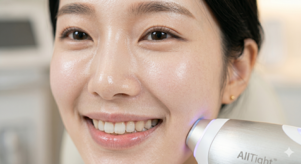 강남 올타이트 리프팅 시술을 편안하게 받고 있는 여성의 얼굴 클로즈업. 통증 없이 미소를 지으며 핸드피스로 볼 부위 탄력 케어를 받는 모습과 올타이트 장비 헤드의 디테일

