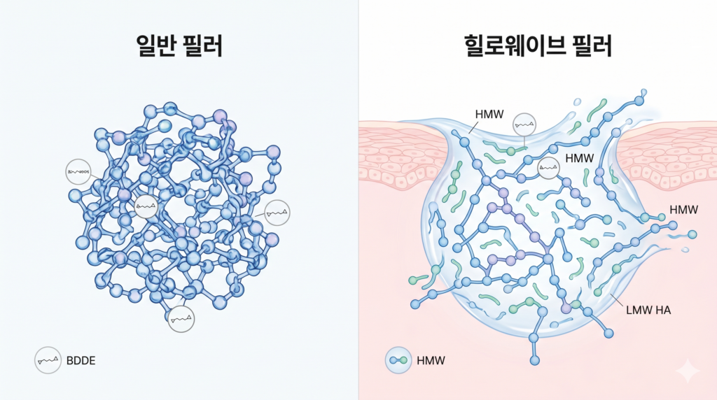 일반 HA 필러의 BDDE 가교 구조와 이물감 위험을 낮춘 힐로웨이브 필러 분자 구조 비교
