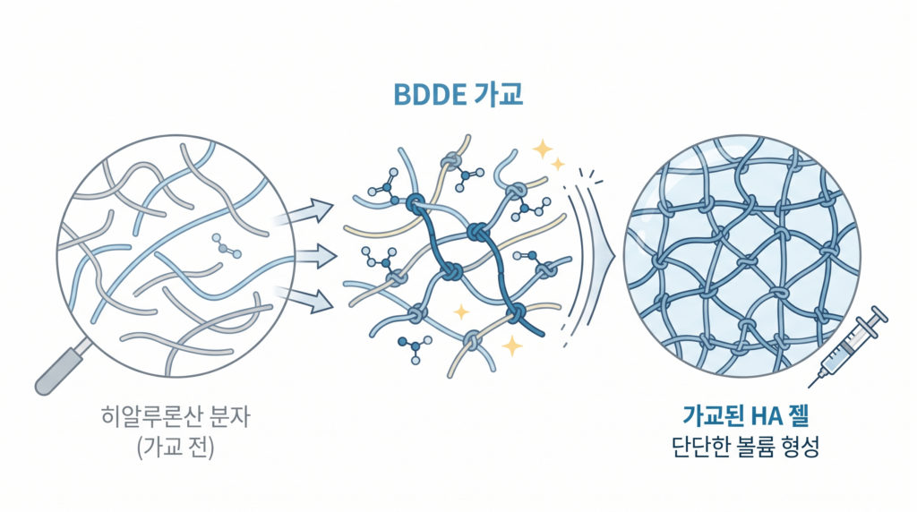 힐러웨이브 필러의 히알루론산(HA) 분자가 BDDE 가교제를 통해 단단한 젤 구조로 결합하여 볼륨을 형성하는 과정을 나타낸 인포그래픽 이미지
