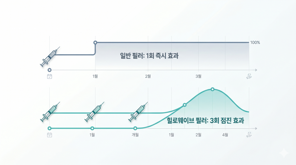 일반 필러의 1회 즉시 효과 대비 힐로웨이브 필러의 3회 다회 시술 및 점진적 효과 타임라인 그래프
