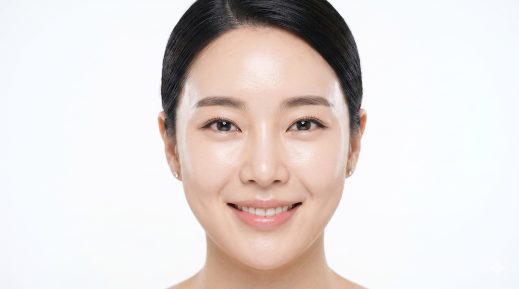 힐러웨이브 필러 효과로 이마와 볼 피부가 탄력 있고 깨끗해진 여성의 모습. 

