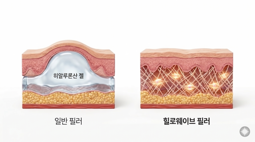 일반 필러와 힐로웨이브 필러의 피부 속 작용 원리 및 콜라겐 생성 비교 도식

