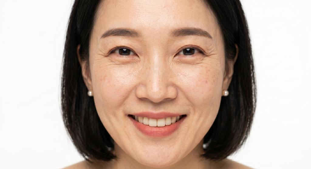 힐러웨이브 필러 시술 전 눈가 잔주름과 칙칙한 피부 톤이 고민인 한국 30대 여성의 정면 확대 이미지

