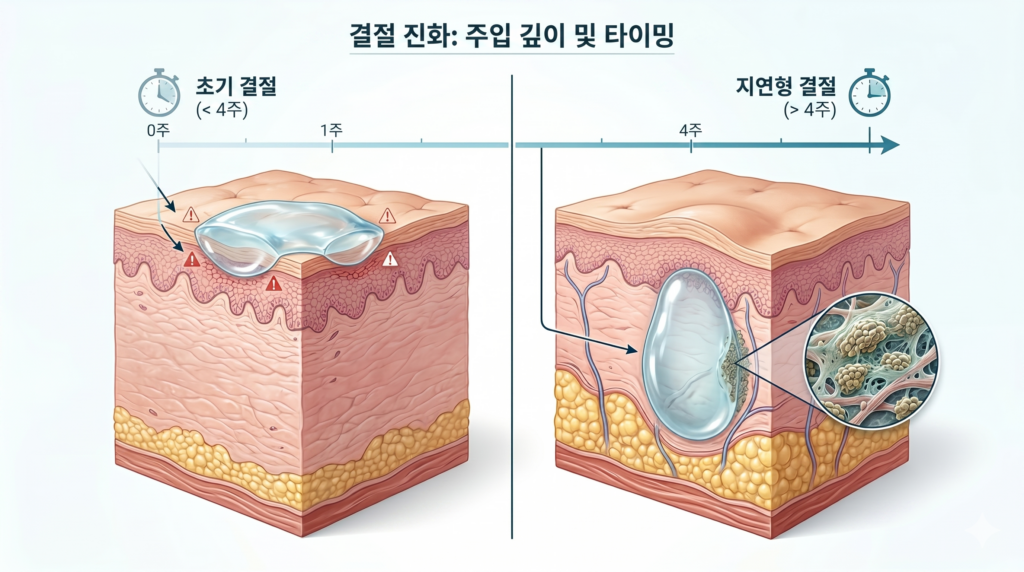 힐로웨이브 결절 발생 원인인 조기 결절과 지연 결절의 차이를 나타낸 메커니즘 인포그래픽
