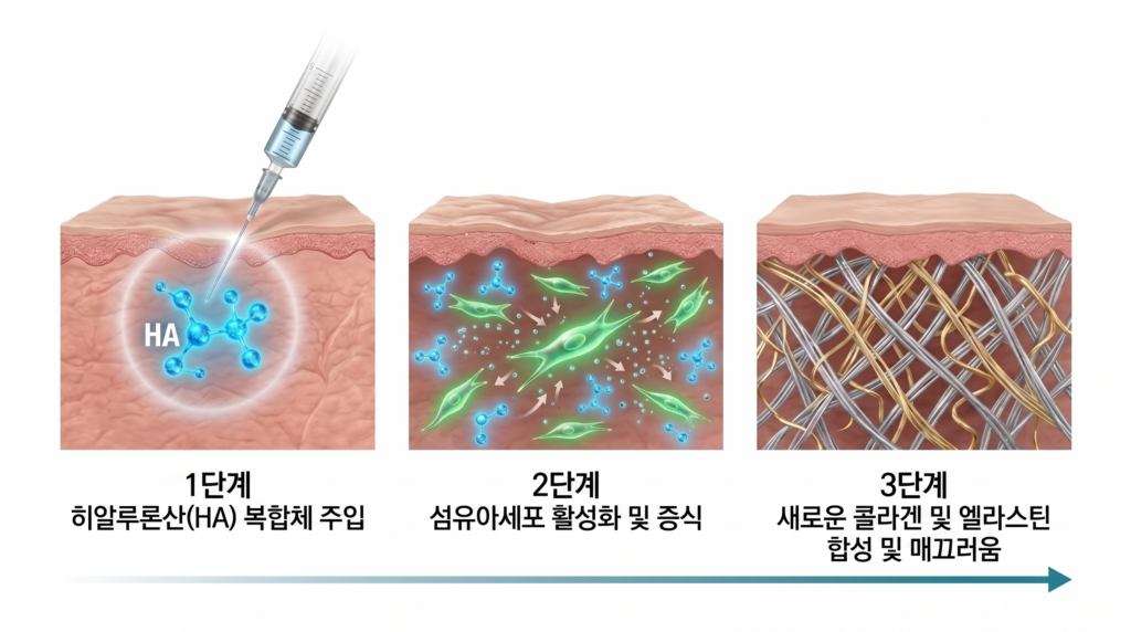 시술 후 시간에 따른 피부 속 콜라겐 재생 흐름과 힐로웨이브 팔자 유지기간 과정
