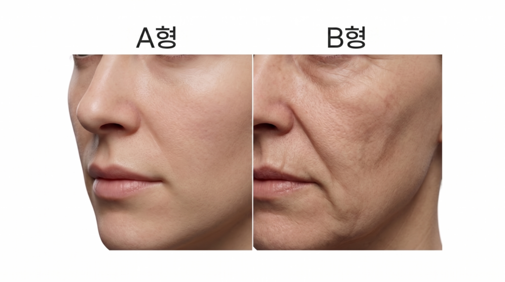 힐로웨이브 팔자 효과를 결정짓는 초기 탄력 저하 주름과 깊은 볼륨 저하 주름의 유형 비교
