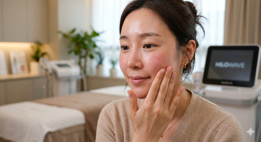 힐로웨이브 결절 및 피부 상태를 확인하기 위해 손으로 볼을 만지는 여성의 클로즈업 이미지
