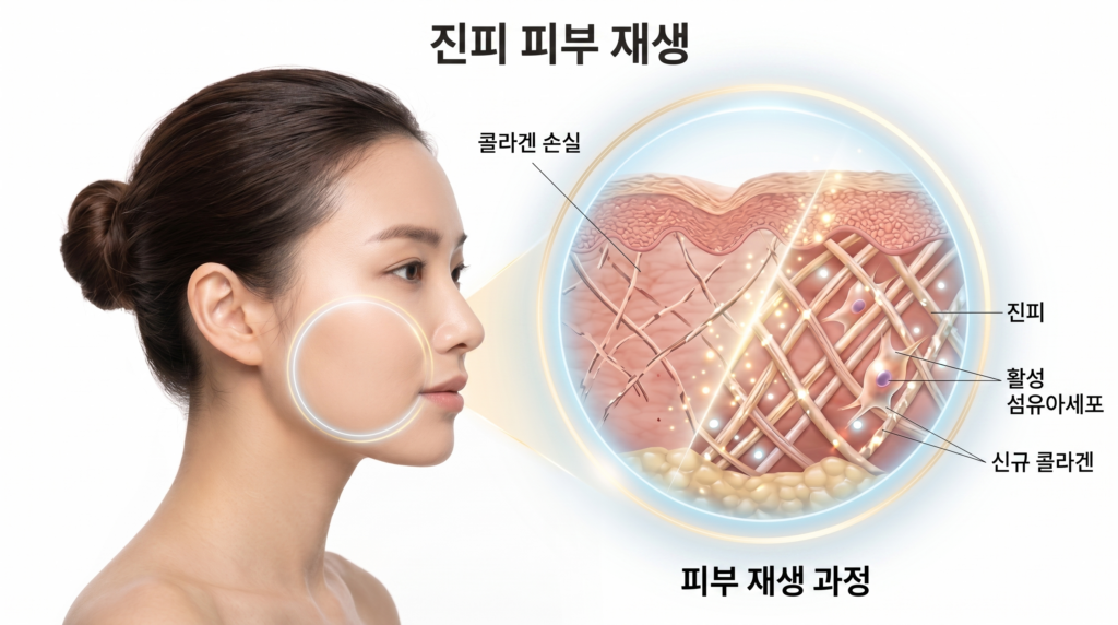 신사 올타이트 리프팅 시술이 필요한 30대 피부 탄력 저하 상태 시각화 이미지
