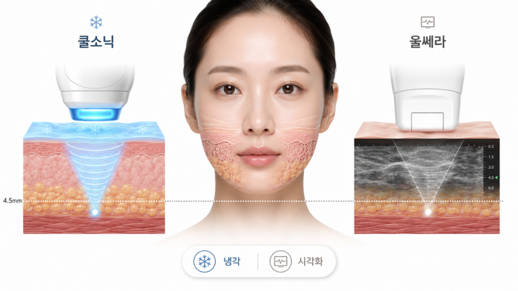 쿨소닉 울쎄라 차이를 한눈에 비교한 초음파 리프팅 구조 인포그래픽

