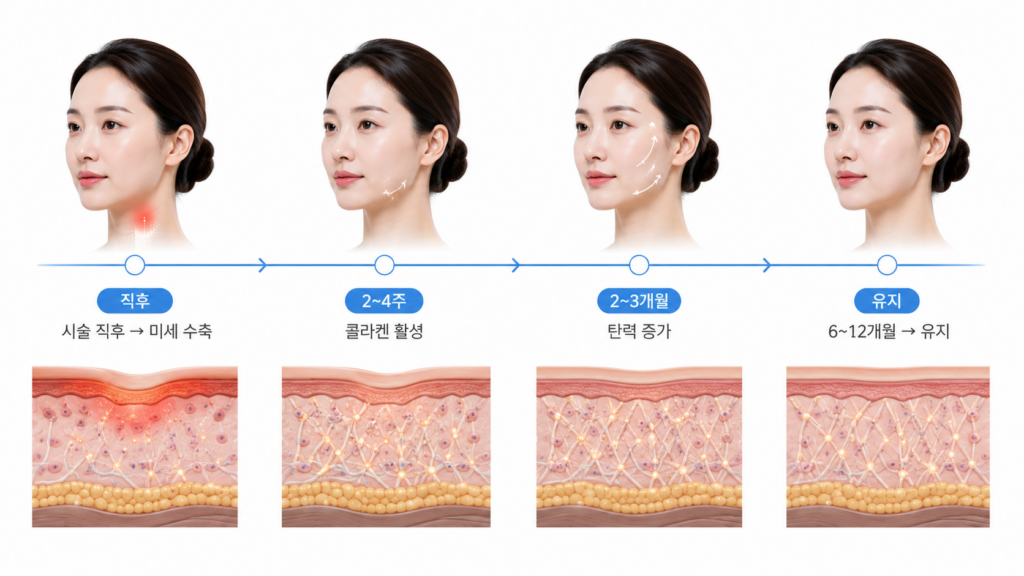 쿨소닉 울쎄라 차이와 콜라겐 재생 과정 타임라인 인포그래픽
