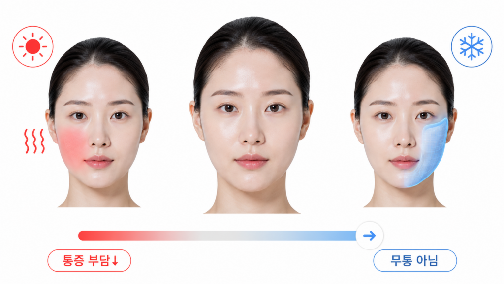 쿨소닉 울쎄라 차이 중 통증 부담과 냉각 설계를 비교한 인포그래픽

