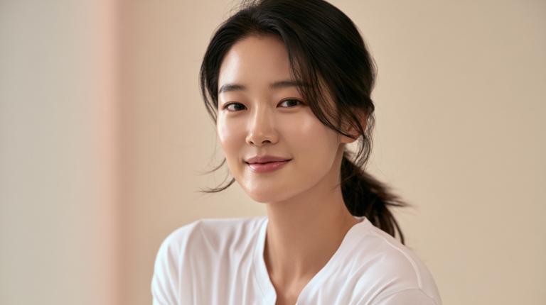 강남 셀르디엠 ECM 스킨부스터로 환하게 미소 짓는 여성 모델 이미지