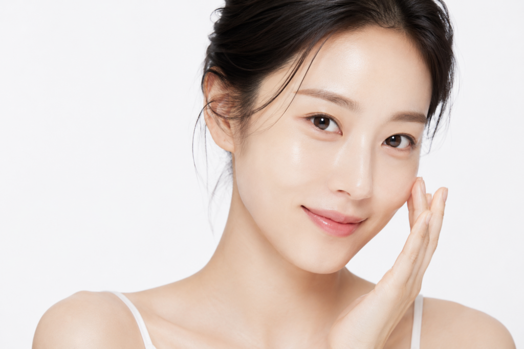 쥬베룩 효과를 표현한 한국 30대 여성의 만족스러운 표정과 매끈하고 밝아 보이는 피부 결과를 담은 이미지

