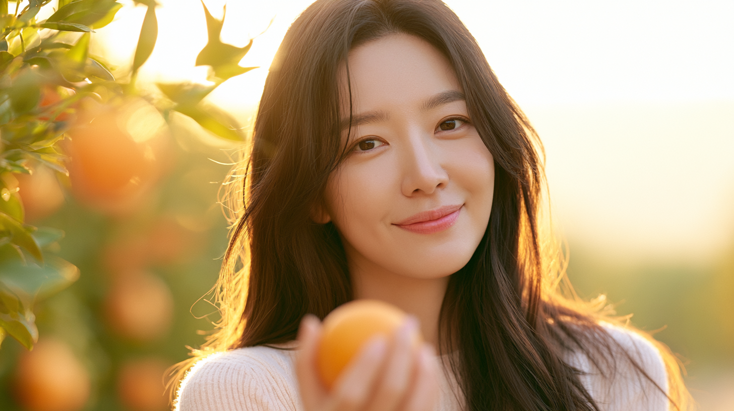 쥬베룩 가격을 고민하는 30대 여성, 따뜻한 자연광 속 맑은 피부 표현의 스킨부스터 에디토리얼 이미지