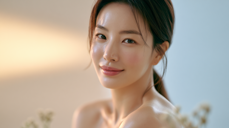 맑고 윤기 나는 피부를 연출한 여성 모델의 뷰티 에디토리얼 이미지로, 쥬베룩 스킨 효과로 기대할 수 있는 자연스러운 광채와 매끈한 피부결, 콜라겐 부스터 스킨부스터의 분위기를 표현한 사진