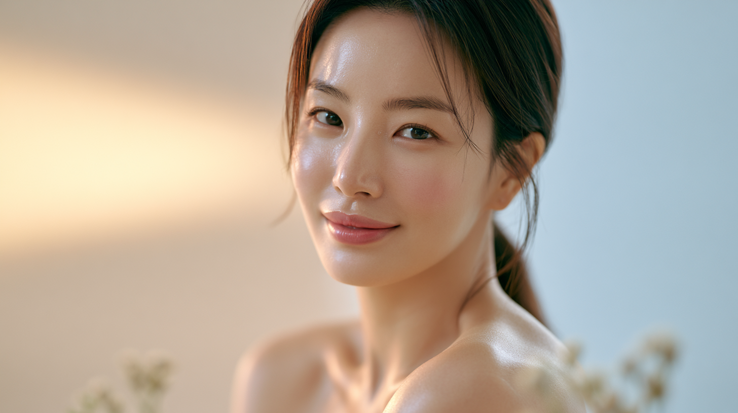 맑고 윤기 나는 피부를 연출한 여성 모델의 뷰티 에디토리얼 이미지로, 쥬베룩 스킨 효과로 기대할 수 있는 자연스러운 광채와 매끈한 피부결, 콜라겐 부스터 스킨부스터의 분위기를 표현한 사진