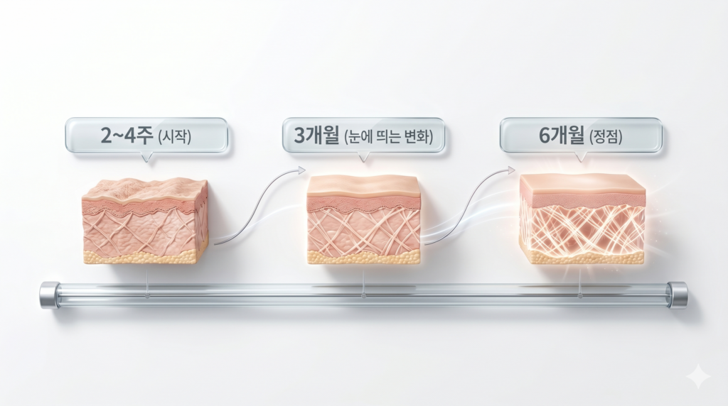 시술 후 2~4주부터 시작해 6개월 차에 정점을 이루는 쥬베룩 스킨 효과 시기별 타임라인 안내 그래프
